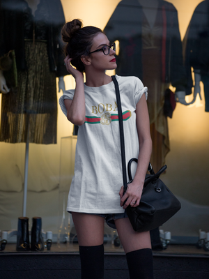 Sophisticated woman wearing designer boba shirt - Gucci Parody