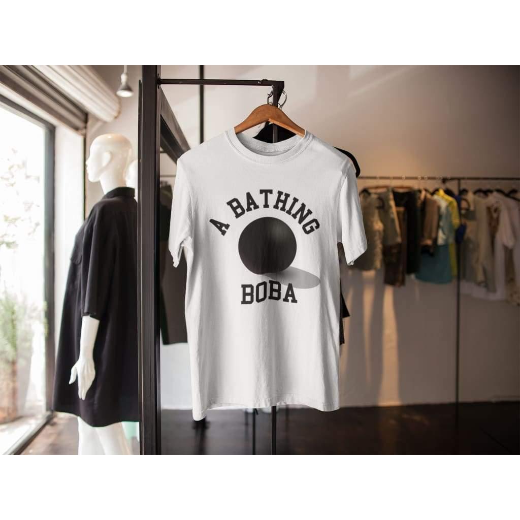 A Bathing Boba Shirt hanging out on a hanger 