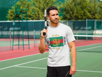 Man with a tennis racket with a luxury boba shirt - gucci parody