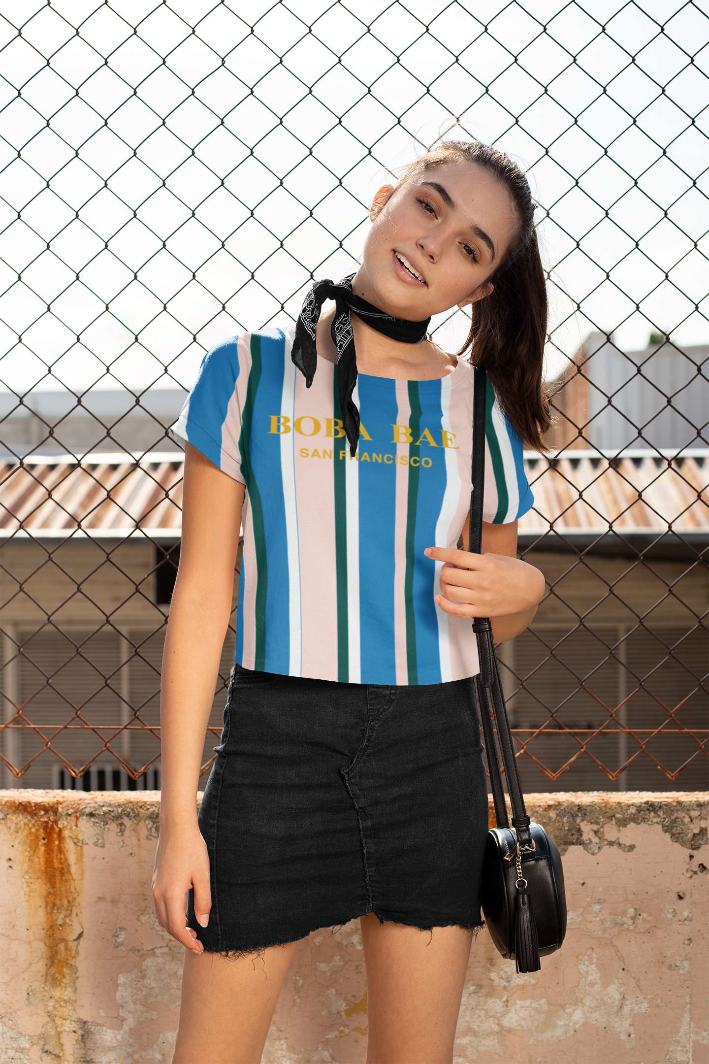 Cute girl wearing a Boba Bae Crop Top and a French Scarf