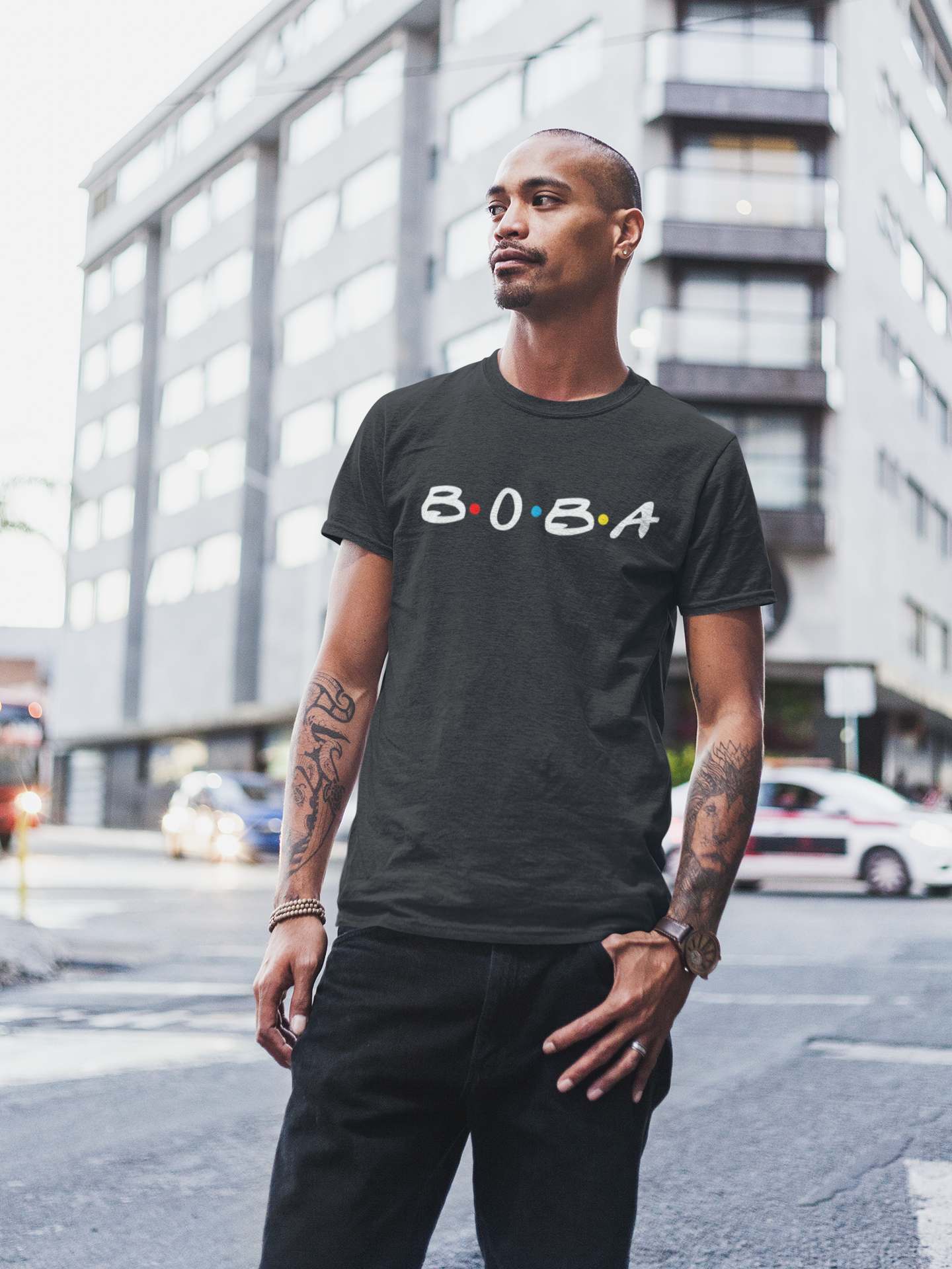 Man wearing Black Boba Shirt