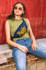 Woman wearing a boba fanny pack