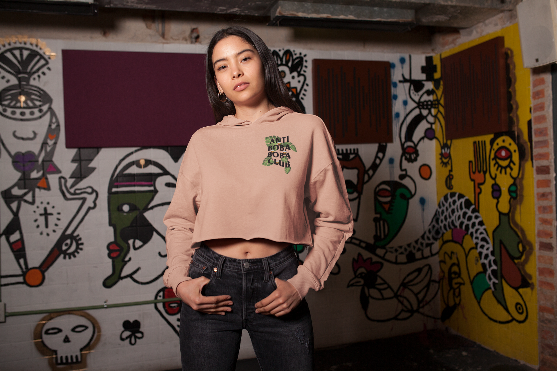 Woman wearing Anti Boba Boba Club Crop Top Hoodie