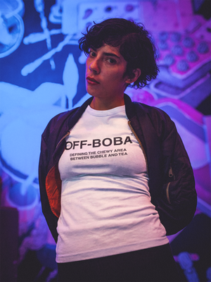 Woman wearing an Off-Boba Shirt