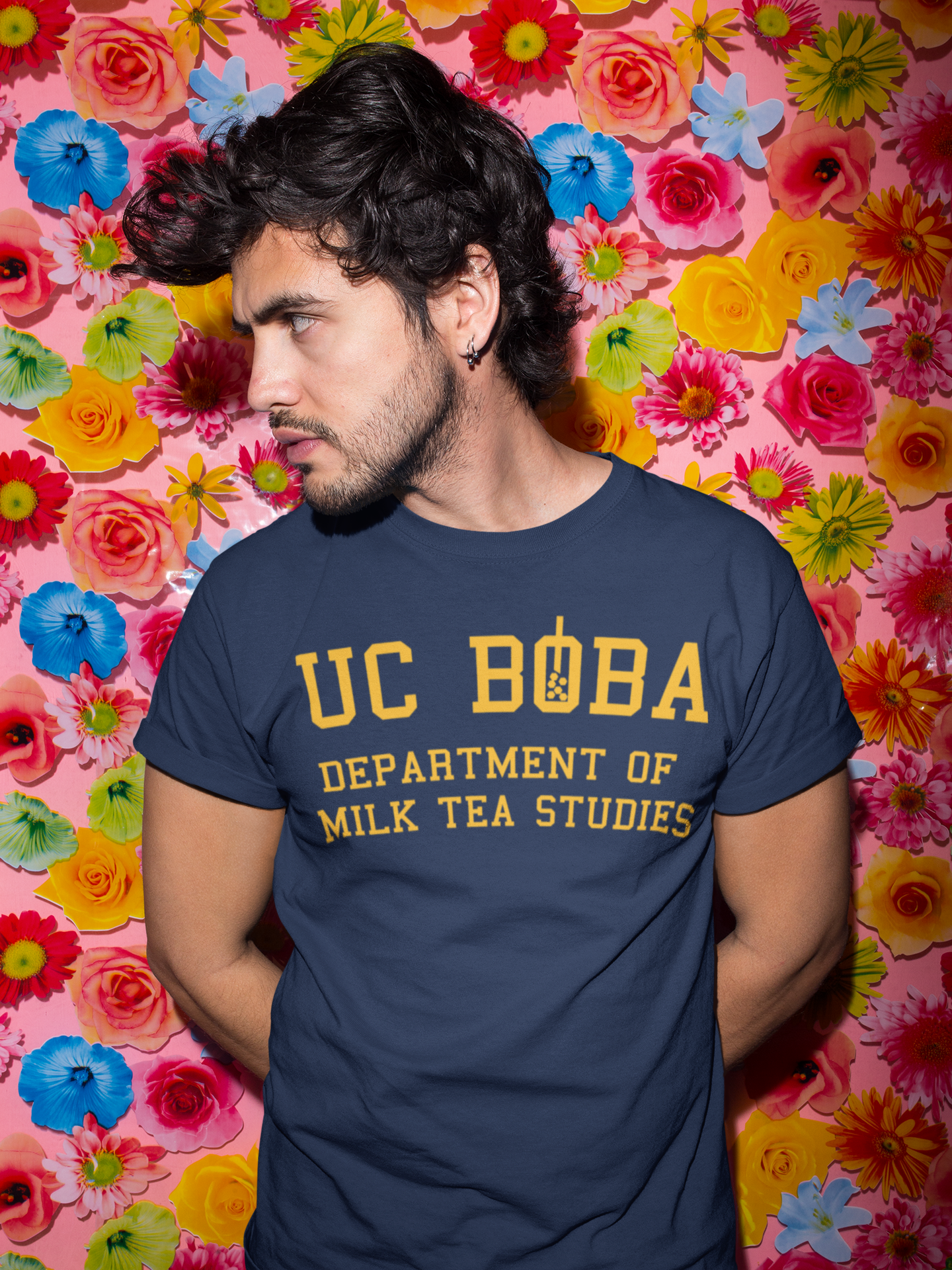 Man wearing UC Boba Dept of Milk Tea Studies Shirt - Boba Shirt
