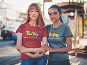 Two women wearing bobamon shirts - pokemon parody
