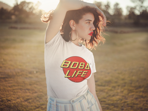 Woman wearing a Boba Life t-shirt looking fabulous