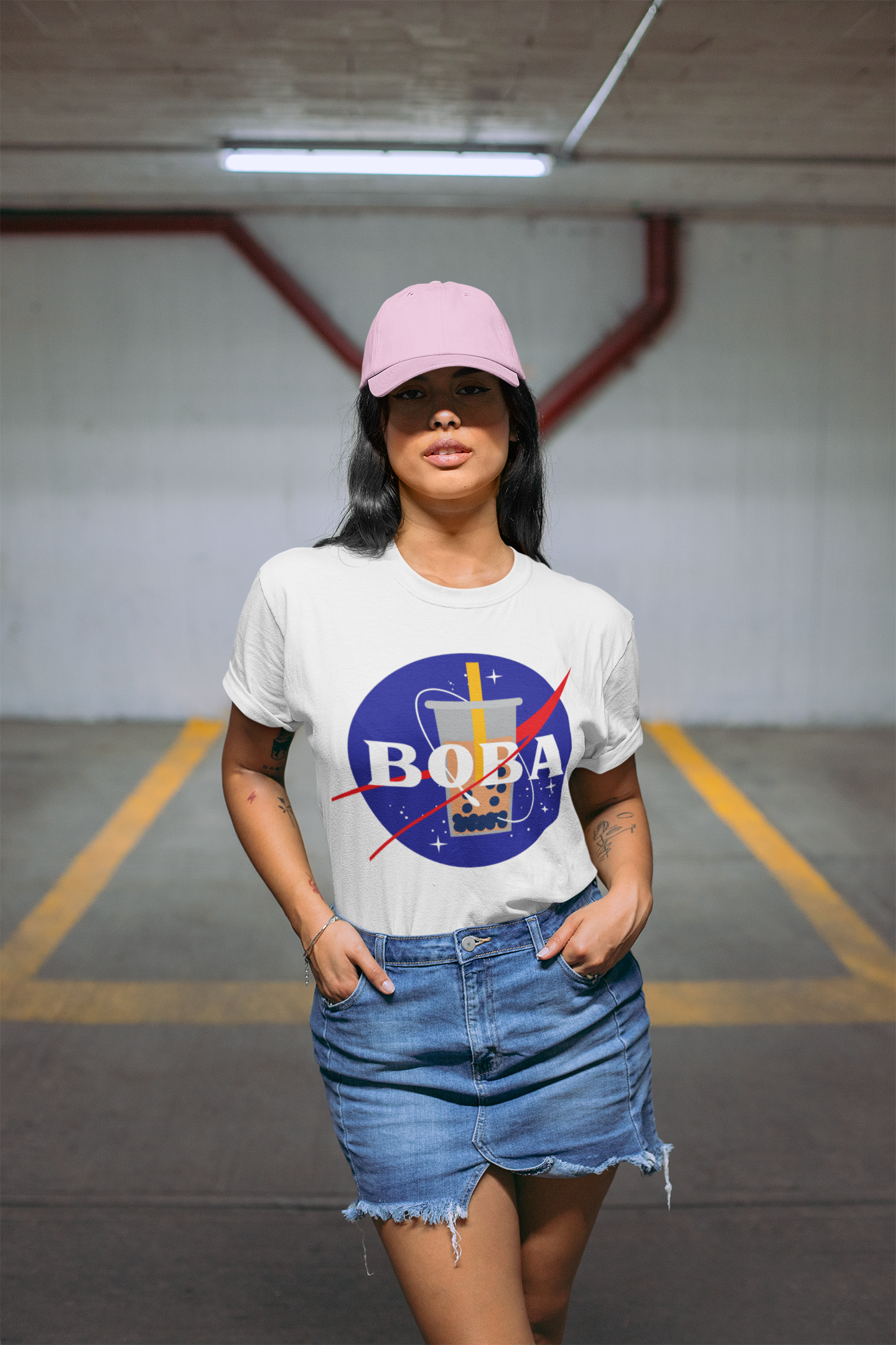 Coy woman wearing a Nasa BOBA shirt