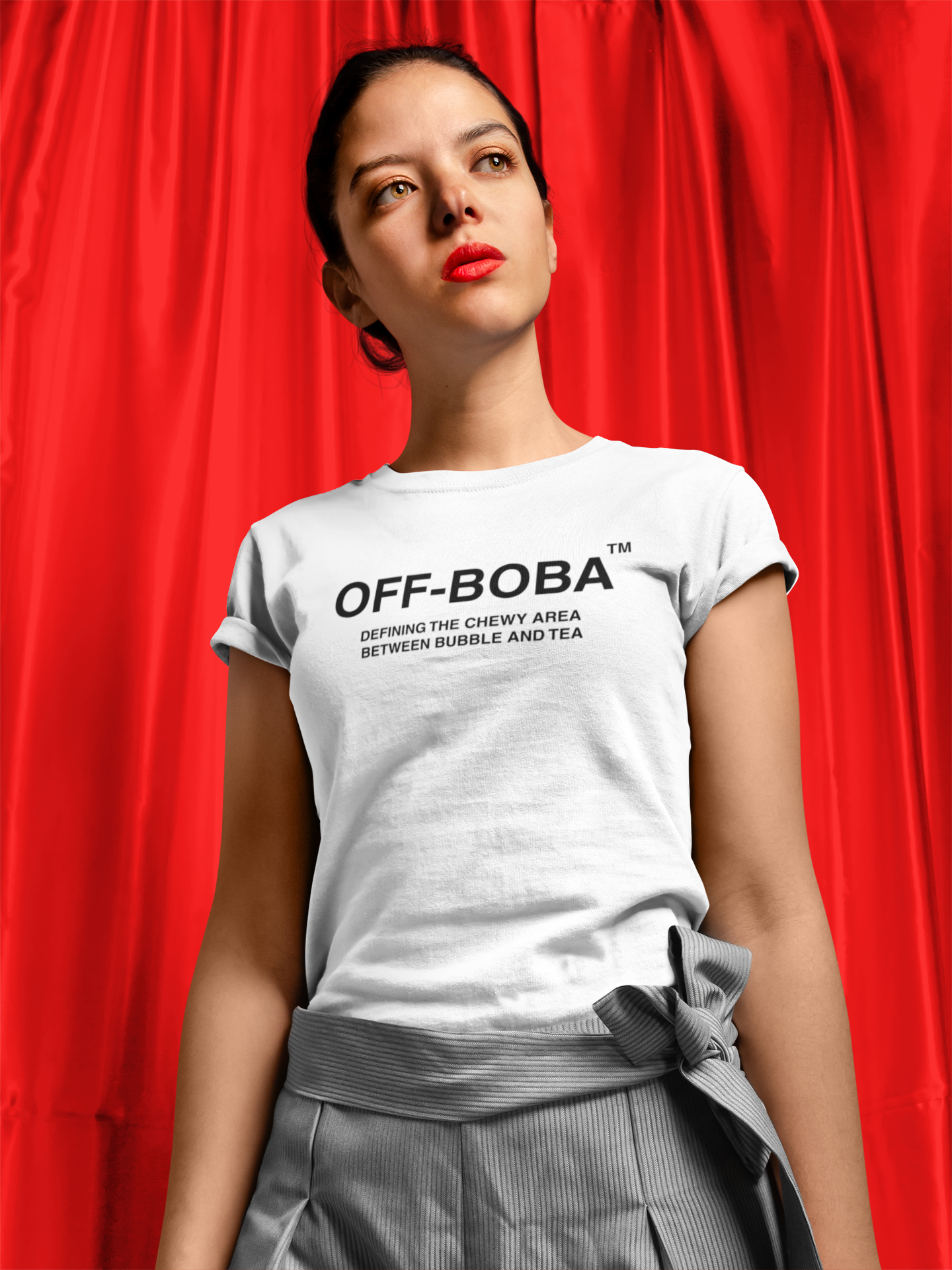 Woman in red lipstick wearing an Off Boba Shirt - Off White Parody