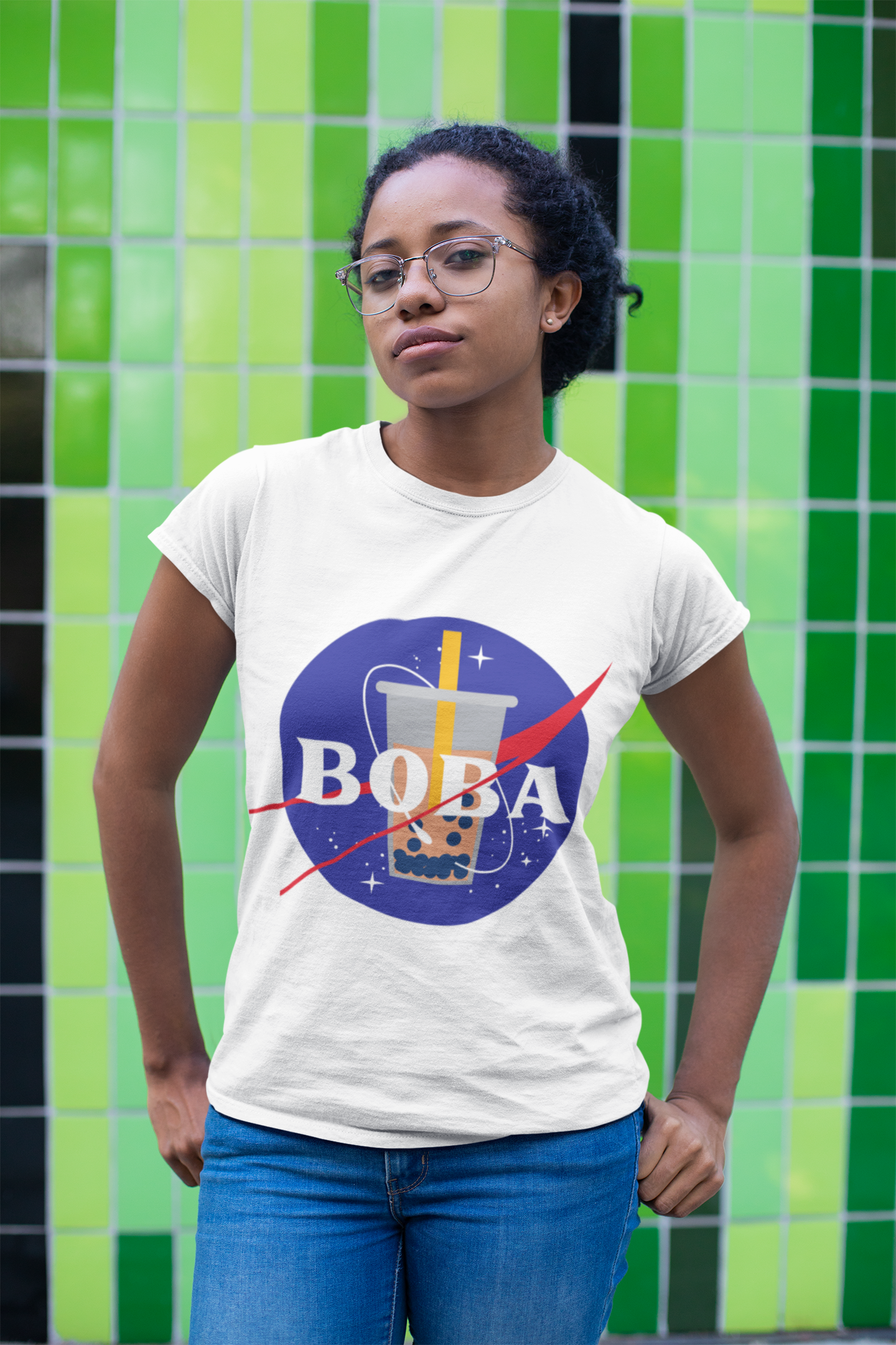 Space Boba Shirt Mockup worn by a woman - NASA parody