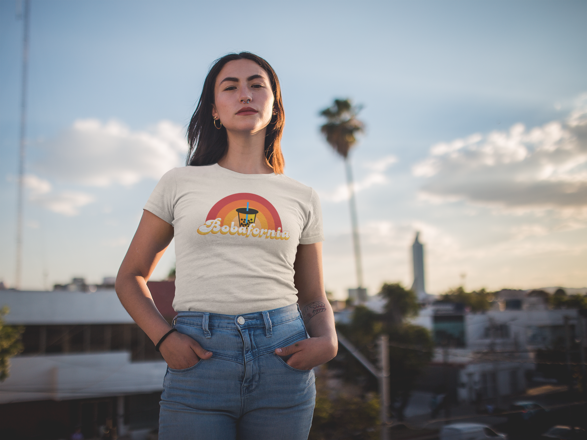 Woman wearing Bobafornia T-shirt