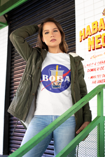 Woman wearing NASA boba shirt