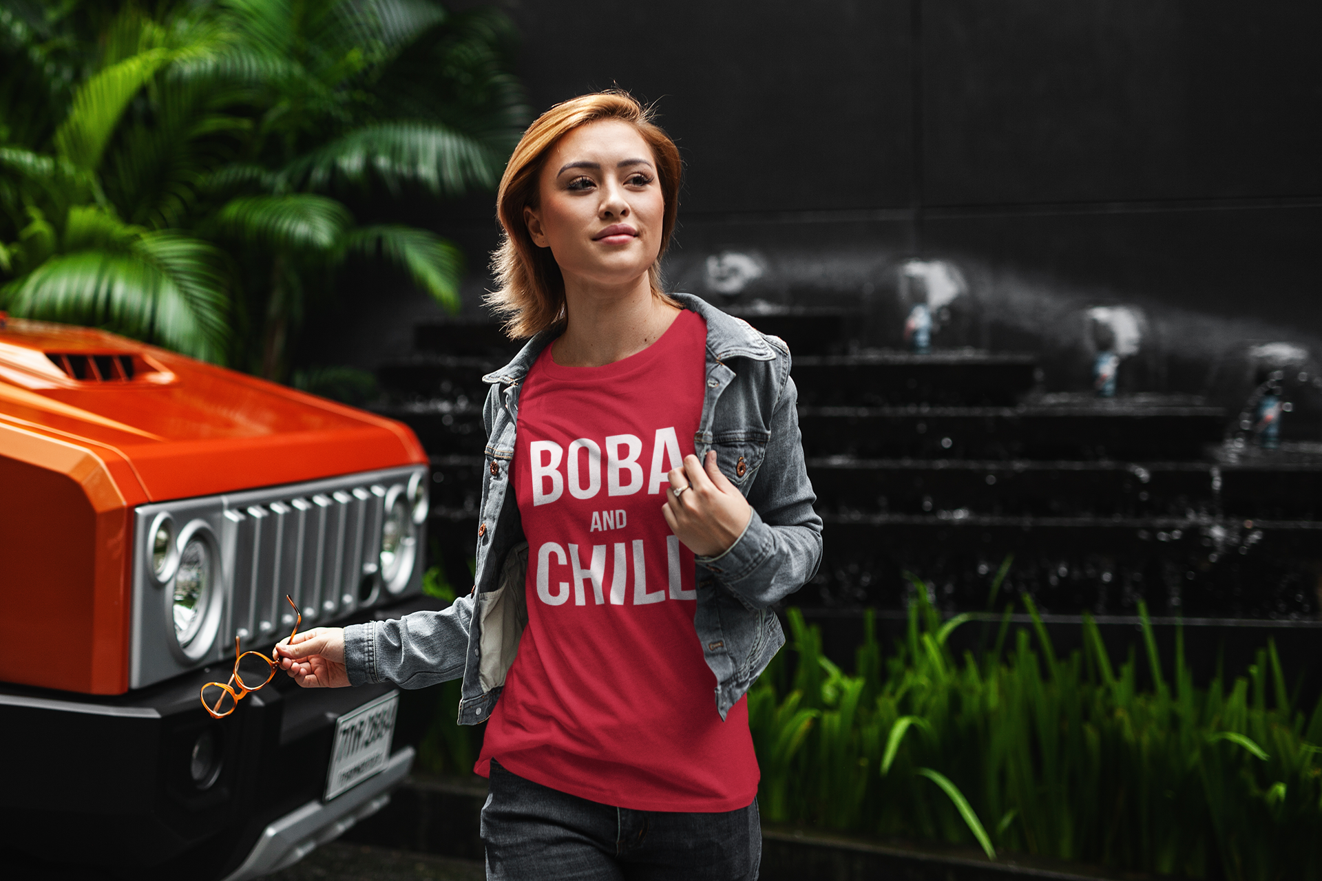 Woman wearing Boba and Chill Shirt Strutting