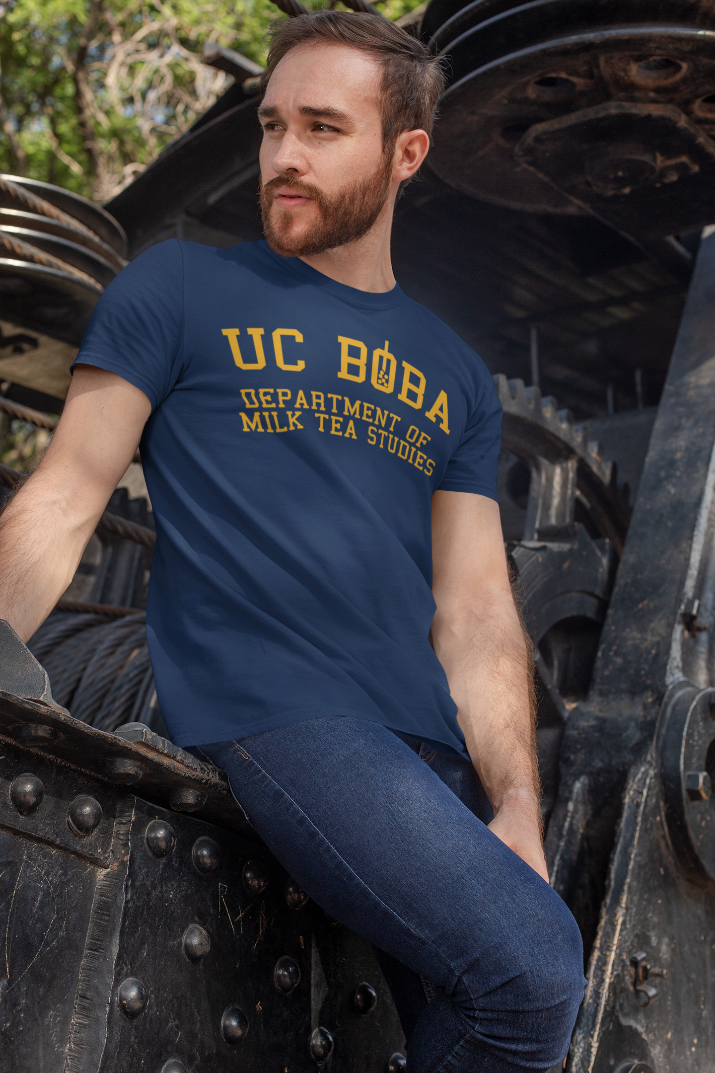 A Bearded Man Wearing a UC Boba Shirt 