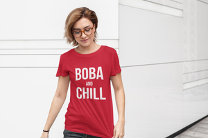 Woman wearing Boba and Chill Shirt walking and looking down