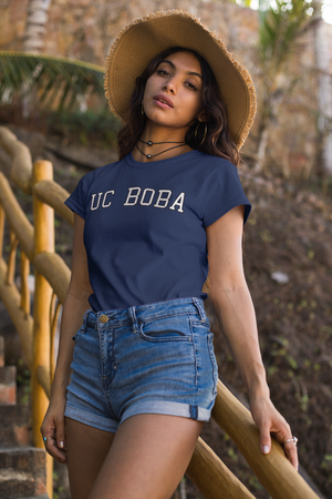 Woman wearing Blue UC Boba School Shirt