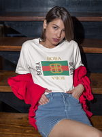 Woman wearing a Gucci Parody Boba Shirt and posing