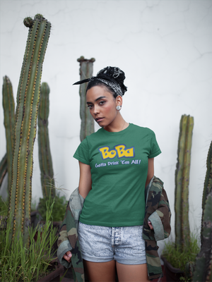 Woman wearing a dark green bobamon shirt - Boba Pokemon Parody