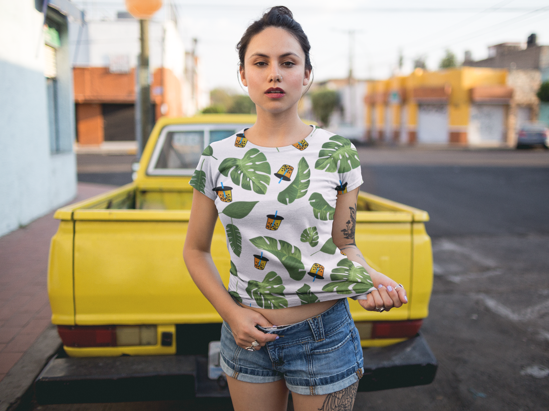 Woman wearing Boba Leaves Shirt